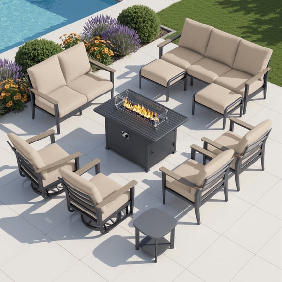 Muphyers 10 Piece Aluminum Outdoor Patio Furniture Set, 55000 BTU CSA Propane Fire Pit Table, 360° Swivel Rocker Sofa Set with Ottomans, All Weather for Backyard, Garden, Porch,Khaki
