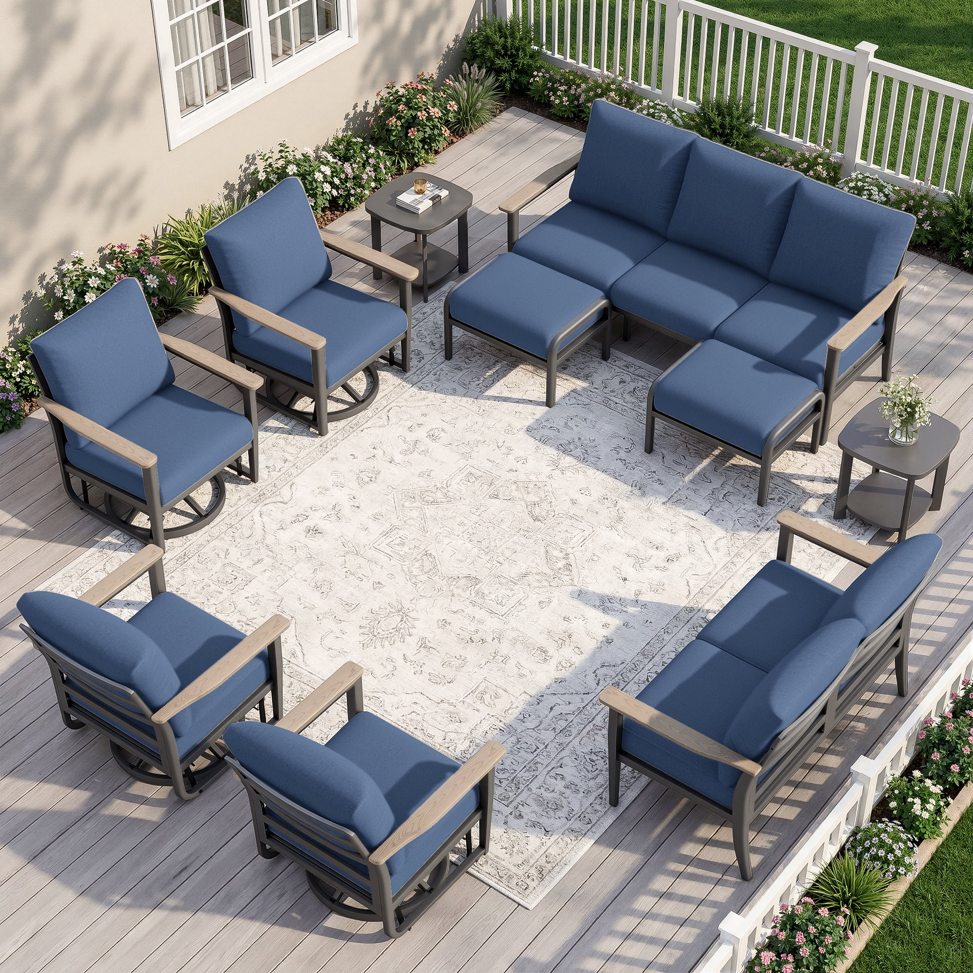 Muphyers 10 Piece Aluminum Patio Furniture Set, All Weather Patio Conversation Sets, Swivel Rocking Chairs and Ottomans, 5.1" Cushions Outdoor Couch for Porch, Garden, Backyard, Deck,Navy Blue