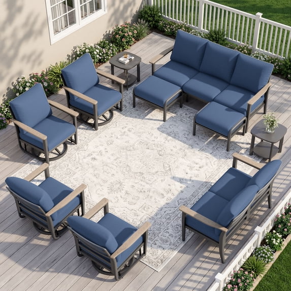 Muphyers 10 Piece Aluminum Patio Furniture Set, All Weather Patio Conversation Sets, Swivel Rocking Chairs and Ottomans, 5.1" Cushions Outdoor Couch for Porch, Garden, Backyard, Deck,Navy Blue