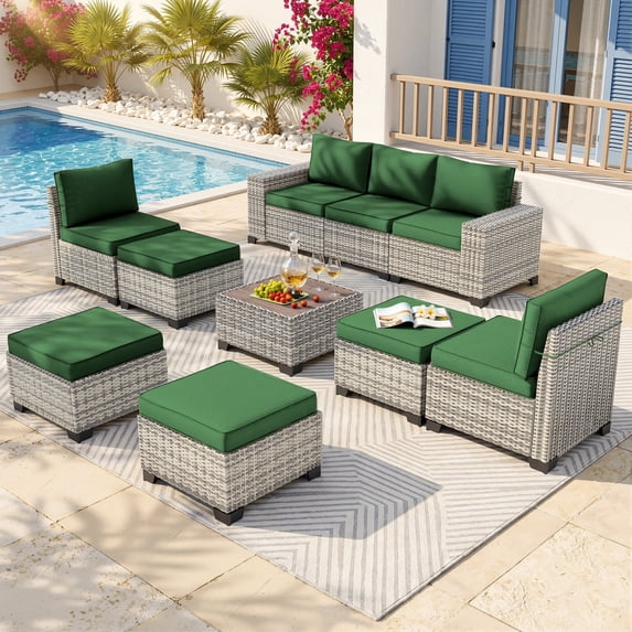 Muphyers 10 Piece Outdoor Patio Furniture Set, All Weather Rattan Sectional Sofa with Multi‑Use Ottomans, Outdoor Conversation Set with Wood Table for Backyard Garden Poolside Deck,Dark Green