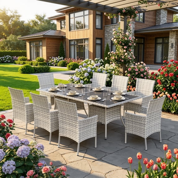 Muphyers 10 Piece Patio Dining Sets for 8 Comfortable Ergonomic Seats Durable Rattan Glass Top Patio Table and Chair Set Removable Cushions Conversation Sets for Home Patio Garden Kitchen,Khaki