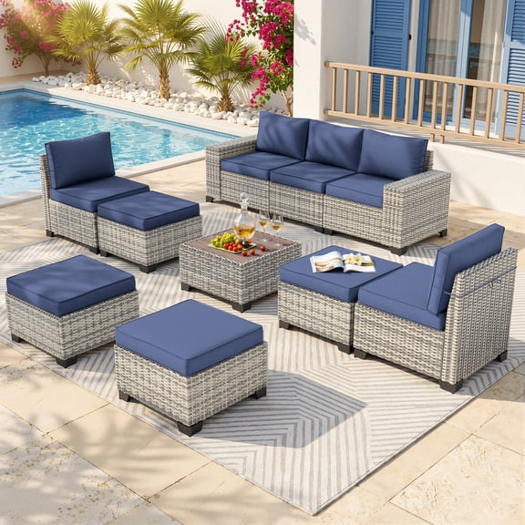 Muphyers 10 Piece All Weather Outdoor Furniture Set, Wicker Rattan Patio Sectional Sofa, Modular Conversation Set with Multi‑Functional Ottomans Wood Table for Backyard Garden Poolside Deck,Navy Blue