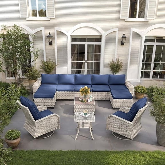 Muphyers 11 Piece Outdoor Patio Furniture Set, All Weather Rattan Sectional Sofa, 360° Swivel Rocking Chairs & Multi‑Use Ottomans, Conversation Set for Backyard Garden Poolside Deck,Navy Blue
