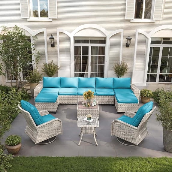 Muphyers 11 Piece Outdoor Patio Furniture Set, All Weather Rattan Sectional Sofa, 360° Swivel Rocking Chairs & Multi‑Use Ottomans, Conversation Set for Backyard Garden Poolside Deck,Turquoise