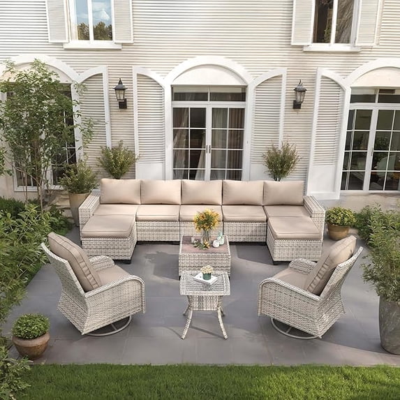 Muphyers 11 Piece Wicker Outdoor Patio Furniture Set, All Weather Rattan Sectional Sofa, 360° Swivel Rocking Chairs, Ottomans, Outdoor Conversation Set for Backyard Garden Poolside Deck Porch,Beige