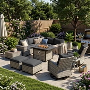 Muphyers 12 Pcs Outdoor Rattan Furniture Set, Wicker Patio Sectional Sofa with CSA Fire Pit Table 360 Swivel Rocker Chair, Ottoman, 4  Cushions Conversation Set for Yard Porch Poolside,Dark Gray