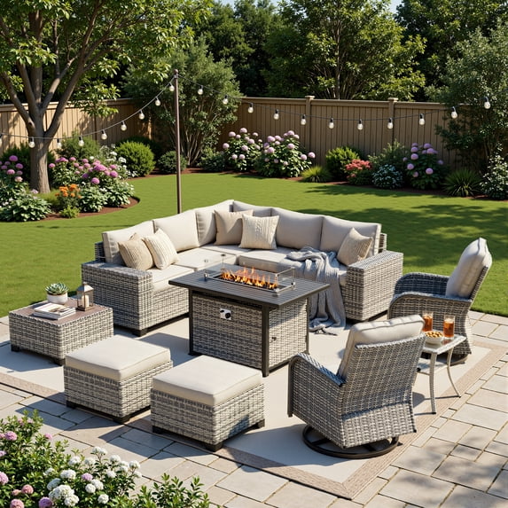 Muphyers 12 Pcs Outdoor Rattan Furniture Set, Wicker Patio Sectional Sofa with CSA Fire Pit Table 360 Swivel Rocker Chair, Ottoman, 4” Cushions Conversation Set for Yard Porch Poolside,Off-White
