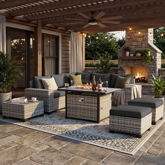 Muphyers 12 Pcs Outdoor Rattan Furniture Set, Wicker Patio Sectional Sofa with CSA Fire Pit Table 360 Swivel Rocker Chair, Ottoman, 4” Cushions Conversation Set for Yard Porch Poolside,Dark Gray