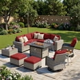 thumbnail image 1 of Muphyers 12 Pcs Outdoor Rattan Furniture Set, Wicker Patio Sectional Sofa with CSA Fire Pit Table 360 Swivel Rocker Chair, Ottoman, 4” Cushions Conversation Set for Yard Porch Poolside,Red, 1 of 12