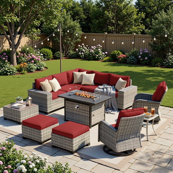 Muphyers 12 Pcs Outdoor Rattan Furniture Set, Wicker Patio Sectional Sofa with CSA Fire Pit Table 360 Swivel Rocker Chair, Ottoman, 4” Cushions Conversation Set for Yard Porch Poolside,Red