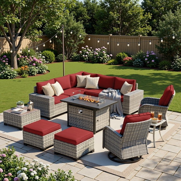 Muphyers 12 Pcs Outdoor Rattan Furniture Set, Wicker Patio Sectional Sofa with CSA Fire Pit Table 360 Swivel Rocker Chair, Ottoman, 4” Cushions Conversation Set for Yard Porch Poolside,Red