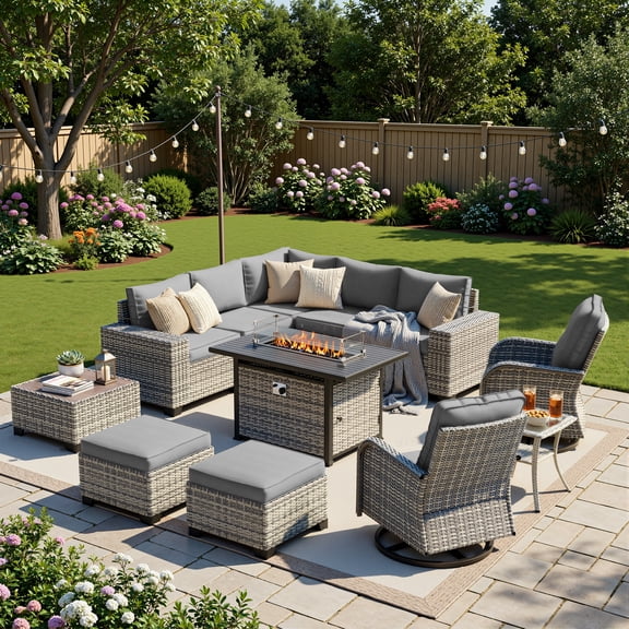 Muphyers 12 Pcs Outdoor Rattan Furniture Set, Wicker Patio Sectional Sofa with CSA Fire Pit Table 360 Swivel Rocker Chair, Ottoman, 4” Cushions Conversation Set for Yard Porch Poolside,Gray