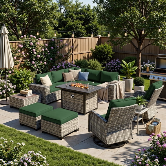 Muphyers 12 Pcs Outdoor Rattan Furniture Set, Wicker Patio Sectional Sofa with CSA Fire Pit Table 360 Swivel Rocker Chair, Ottoman, 4” Cushions Conversation Set for Yard Porch Poolside,Dark Green