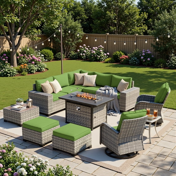 Muphyers 12 Pcs Outdoor Rattan Furniture Set, Wicker Patio Sectional Sofa with CSA Fire Pit Table 360 Swivel Rocker Chair, Ottoman, 4” Cushions Conversation Set for Yard Porch Poolside,Grass Green