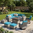 thumbnail image 1 of Muphyers 12 Pcs Outdoor Rattan Furniture Set, Wicker Patio Sectional Sofa with CSA Fire Pit Table 360 Swivel Rocker Chair, Ottoman, 4” Cushions Conversation Set for Yard Porch Poolside,Turquoise, 1 of 14
