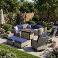 thumbnail image 1 of Muphyers 12 Pcs Outdoor Rattan Furniture Set, Wicker Patio Sectional Sofa with CSA Fire Pit Table 360 Swivel Rocker Chair, Ottoman, 4” Cushions Conversation Set for Yard Porch Poolside,Navy Blue, 1 of 14