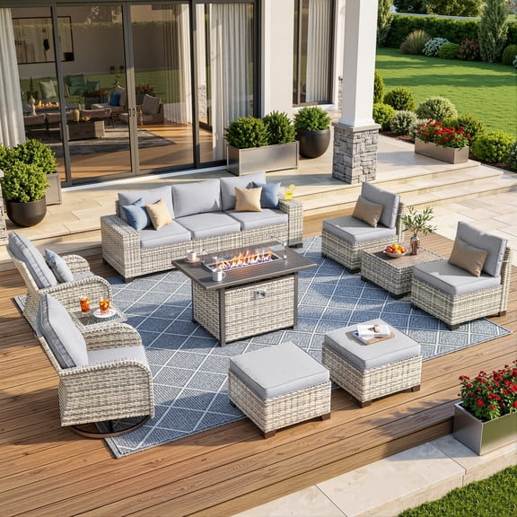Muphyers 12 Pcs Outdoor Rattan Furniture Set, Wicker Patio Sectional Sofa with CSA Fire Pit Table 360 Swivel Rocker Chair, Ottoman, 4” Cushions Conversation Set for Yard Porch Poolside,Gray
