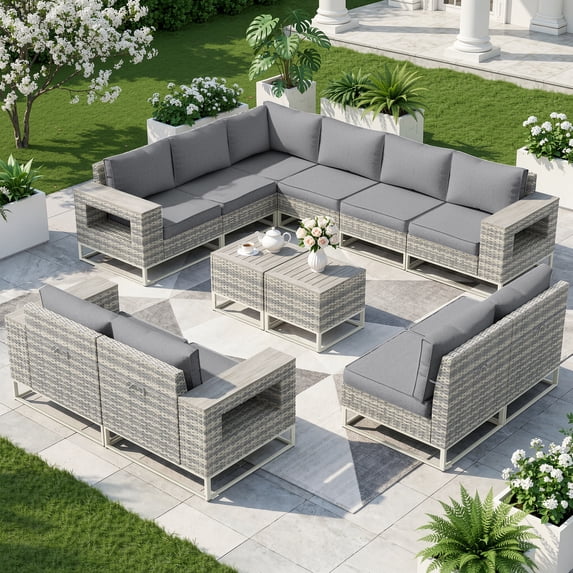Muphyers 12 Piece Rattan Patio Furniture Set, All-Weather Wicker Sectional Sofa, Outdoor Conversation Set, Wooden Table, Wide Armrests, 5.5" Washable Cushions for Backyard, Garden, Balcony,Gray