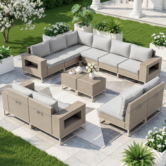 Muphyers 12 Piece Rattan Patio Furniture Set, All-Weather Wicker Sectional Sofa, Outdoor Conversation Set, Wooden Table, Wide Armrests, 5.5" Washable Cushions for Backyard, Garden, Balcony,Brown