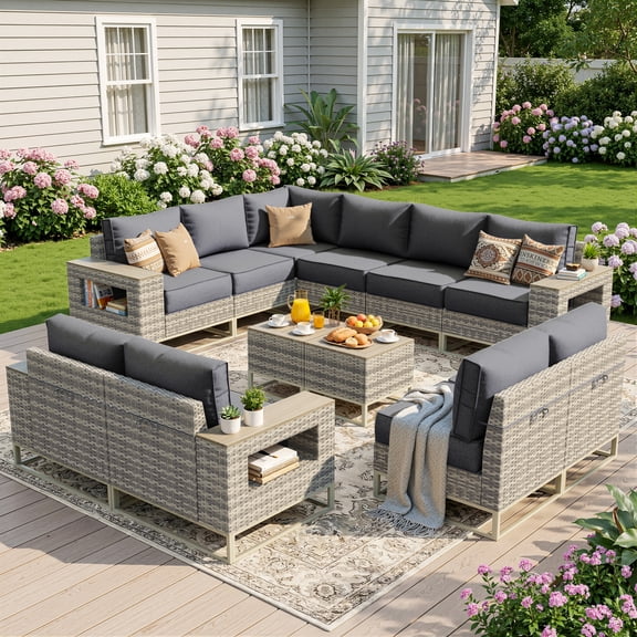 Muphyers 12 Piece Rattan Patio Furniture Set, All-Weather Wicker Sectional Sofa, Outdoor Conversation Set, Wooden Table, Wide Armrests, 5.5" Washable Cushions for Backyard, Garden, Balcony,Gray