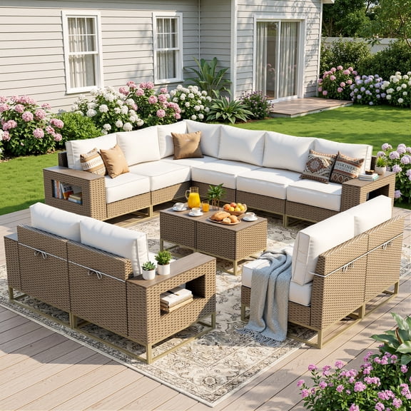 Muphyers 12 Piece Rattan Patio Furniture Set, All-Weather Wicker Sectional Sofa, Outdoor Conversation Set, Wooden Table, Wide Armrests, 5.5" Washable Cushions for Backyard, Garden, Balcony,Cream