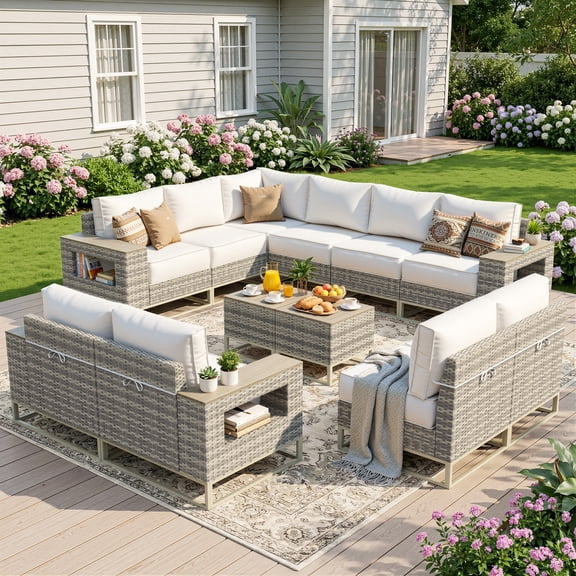 Muphyers 12 Piece Rattan Patio Furniture Set, All-Weather Wicker Sectional Sofa, Outdoor Conversation Set, Wooden Table, Wide Armrests, 5.5" Washable Cushions for Backyard, Garden, Balcony,Snow