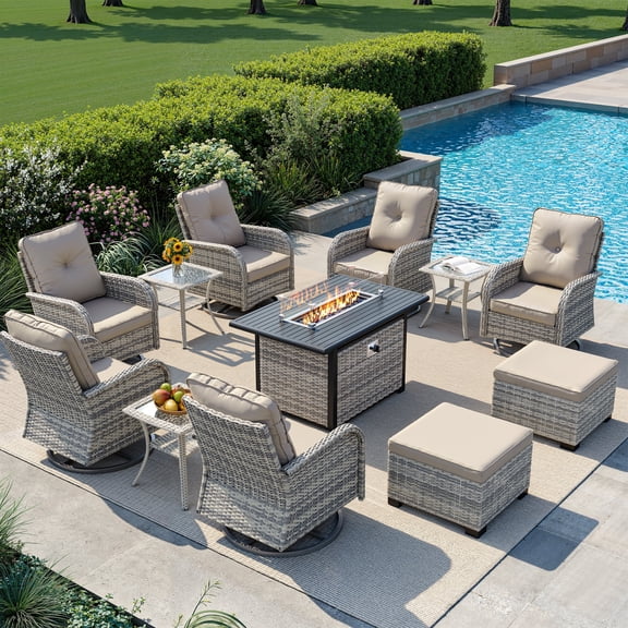Muphyers 12-Piece Wicker Swivel Rocker Chairs Set with 55000BTU Fire Pit Table & Ottomans, All-Weather Outdoor Patio Furniture Set, Conversation Set for Backyard Porch Deck Garden,Khaki