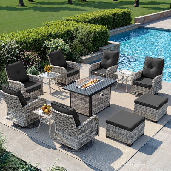 Muphyers 12-Piece Wicker Swivel Rocker Chairs Set with 55000BTU Fire Pit Table & Ottomans, All-Weather Outdoor Patio Furniture Set, Conversation Set for Backyard Porch Deck Garden,Black