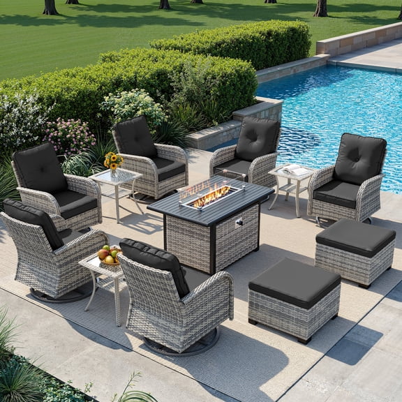Muphyers 12-Piece Wicker Swivel Rocker Chairs Set with 55000BTU Fire Pit Table & Ottomans, All-Weather Outdoor Patio Furniture Set, Conversation Set for Backyard Porch Deck Garden,Black
