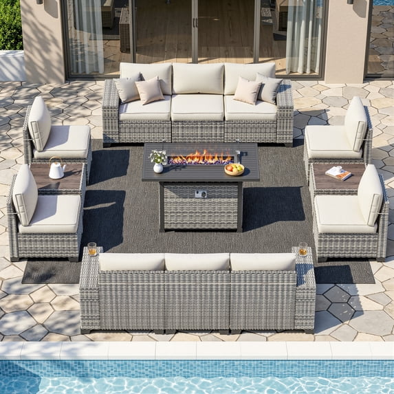 Muphyers 13 Pcs Outdoor Wicker Rattan Sectional Sofa with 55000BTU Gas Fire Pit Table Set, All Weather 2‑in‑1 43" Propane Fire Table Conversation Set for Backyard Garden Poolside Deck,Off-White