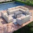 thumbnail image 1 of Muphyers 13 Pcs Outdoor Wicker Rattan Sectional Sofa with 55000BTU Gas Fire Pit Table Set, All Weather 2‑in‑1 43" Propane Fire Table Conversation Set for Backyard Garden Poolside Deck,Beige, 1 of 9
