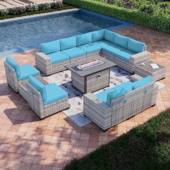 Muphyers 13 Pcs Outdoor Wicker Rattan Sectional Sofa with 55000BTU Gas Fire Pit Table Set, All Weather 2‑in‑1 43" Propane Fire Table Conversation Set for Backyard Garden Poolside Deck,Turquoise