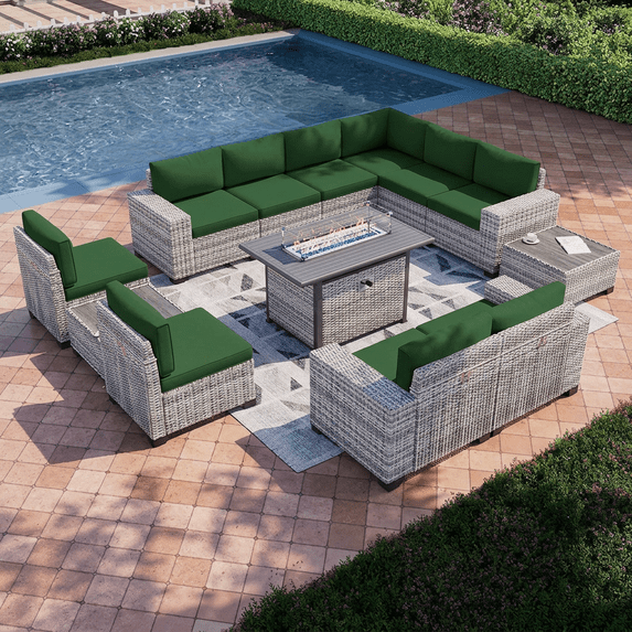 Muphyers 13 Pcs Outdoor Wicker Rattan Sectional Sofa with 55000BTU Gas Fire Pit Table Set, All Weather 2‑in‑1 43" Propane Fire Table Conversation Set for Backyard Garden Poolside Deck,Dark Green