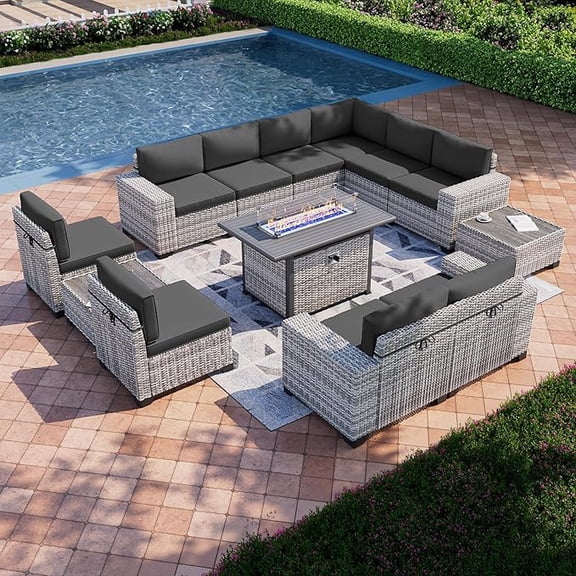 Muphyers 13 Pcs Outdoor Wicker Rattan Sectional Sofa with 55000BTU Gas Fire Pit Table Set, All Weather 2‑in‑1 43" Propane Fire Table Conversation Set for Backyard Garden Poolside Deck,Dark Gray