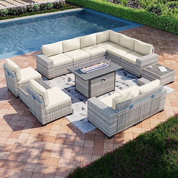 Muphyers 13 Pcs Outdoor Wicker Rattan Sectional Sofa with 55000BTU Gas Fire Pit Table Set, All Weather 2‑in‑1 43" Propane Fire Table Conversation Set for Backyard Garden Poolside Deck,Off-White