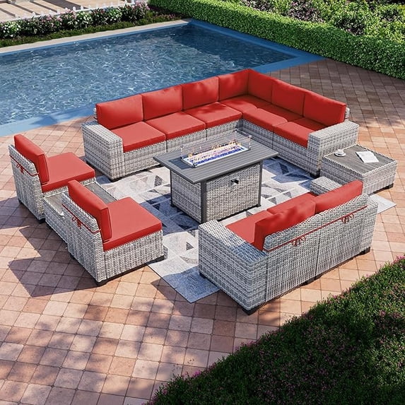Muphyers 13 Pcs Outdoor Wicker Rattan Sectional Sofa with 55000BTU Gas Fire Pit Table Set, All Weather 2‑in‑1 43" Propane Fire Table Conversation Set for Backyard Garden Poolside Deck,Red