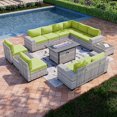 thumbnail image 1 of Muphyers 13 Pcs Outdoor Wicker Rattan Sectional Sofa with 55000BTU Gas Fire Pit Table Set, All Weather 2‑in‑1 43" Propane Fire Table Conversation Set for Backyard Garden Poolside Deck,Grass Green, 1 of 7