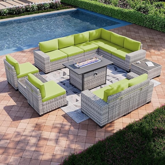 Muphyers 13 Pcs Outdoor Wicker Rattan Sectional Sofa with 55000BTU Gas Fire Pit Table Set, All Weather 2‑in‑1 43" Propane Fire Table Conversation Set for Backyard Garden Poolside Deck,Grass Green