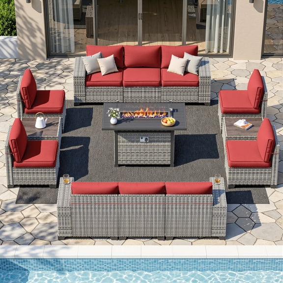 Muphyers 13 Pcs Outdoor Wicker Rattan Sectional Sofa with 55000BTU Gas Fire Pit Table Set, All Weather 2‑in‑1 43" Propane Fire Table Conversation Set for Backyard Garden Poolside Deck,Red