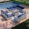 thumbnail image 1 of Muphyers 13 Pcs Outdoor Wicker Rattan Sectional Sofa with 55000BTU Gas Fire Pit Table Set, All Weather 2‑in‑1 43" Propane Fire Table Conversation Set for Backyard Garden Poolside Deck,Navy Blue, 1 of 9