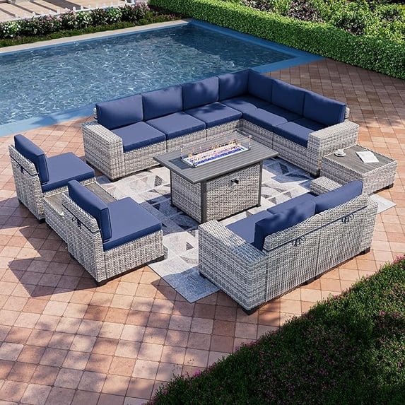 Muphyers 13 Pcs Outdoor Wicker Rattan Sectional Sofa with 55000BTU Gas Fire Pit Table Set, All Weather 2‑in‑1 43" Propane Fire Table Conversation Set for Backyard Garden Poolside Deck,Navy Blue