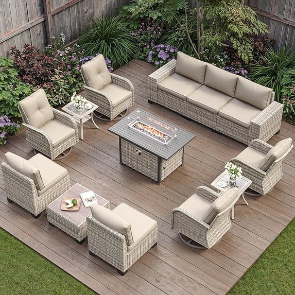 Muphyers 13 Pcs Patio Furniture Set with 43” 55000BTU Fire Pit Table, 360° Swivel Rocking Chairs, Wicker Outdoor Sectional Sofa Set, 4" Waterproof Cushions Conversation Set for Backyard Garden,Beige