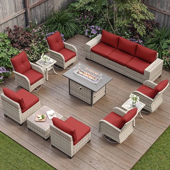 Muphyers 13 Pcs Patio Furniture Set with 43” 55000BTU Fire Pit Table, 360° Swivel Rocking Chairs, Wicker Outdoor Sectional Sofa Set, 4" Waterproof Cushions Conversation Set for Backyard Garden,Red