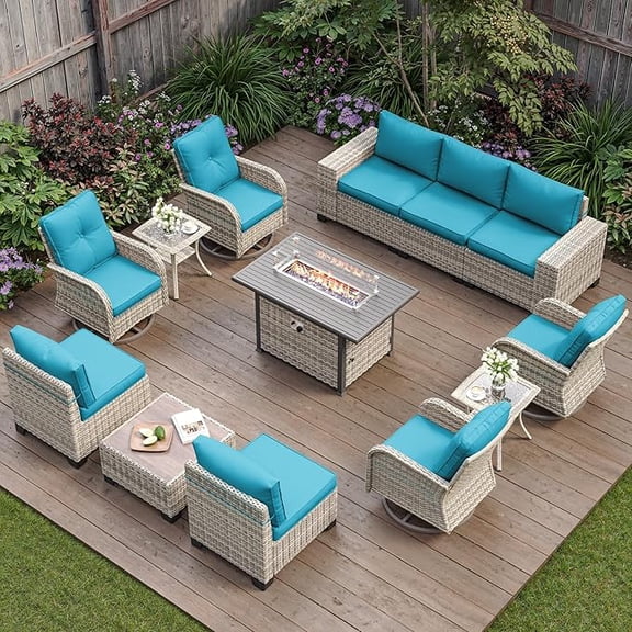 Muphyers 13 Pcs Wicker Patio Furniture Set, Outdoor Sectional Sofa with 55000BTU Fire Pit Table, 360° Swivel Rocking Chairs, 4" Cushions All-Weather Conversation Set for Backyard Porch,Turquoise
