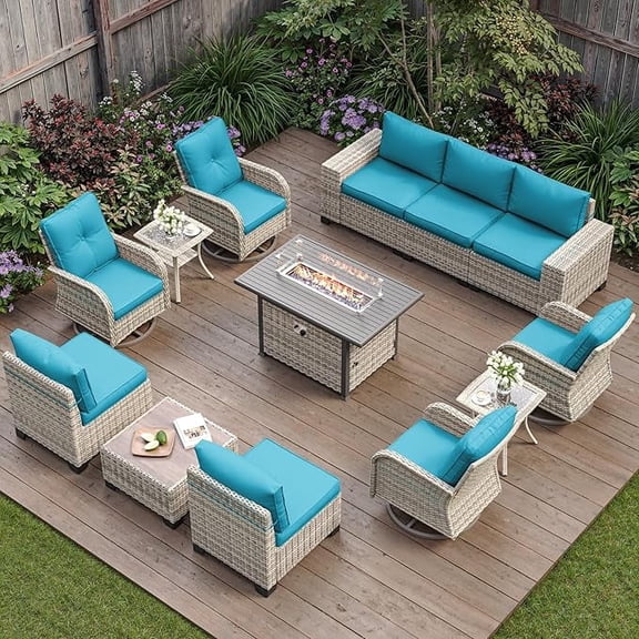 Muphyers 13 Pcs Wicker Patio Furniture Set, Outdoor Sectional Sofa with 55000BTU Fire Pit Table, 360° Swivel Rocking Chairs, 4" Cushions All-Weather Conversation Set for Backyard Porch,Turquoise