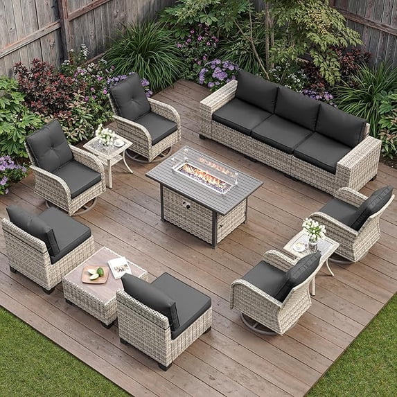 Muphyers 13 Pcs Wicker Patio Furniture Set, Outdoor Sectional Sofa with 55000BTU Fire Pit Table, 360° Swivel Rocking Chairs, 4" Cushions All-Weather Conversation Set for Backyard Porch,Dark Gray
