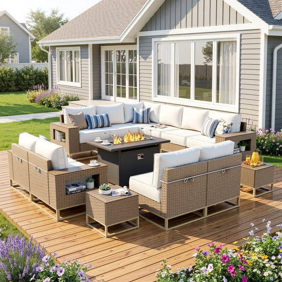 Muphyers 13 Piece Outdoor Patio Furniture Set, 43" 55000 BTU Aluminum Propane Gas Fire Pit Table, All-Weather Rattan Wicker Sectional Sofa, Wide Armrest Conversation Set for Deck Garden Yard,Cream