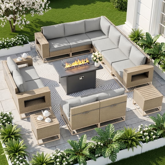 Muphyers 13 Piece Outdoor Patio Furniture Set, 43" 55000 BTU Aluminum Propane Gas Fire Pit Table, All-Weather Rattan Wicker Sectional Sofa, Wide Armrest Conversation Set for Deck Garden Yard,Brown