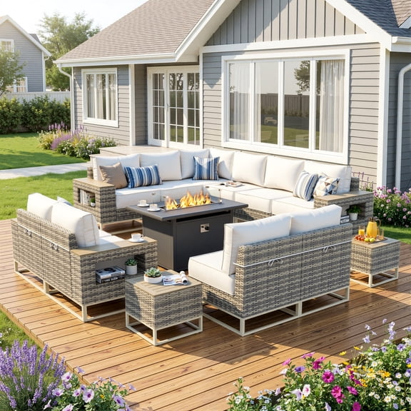 Muphyers 13 Piece Outdoor Patio Furniture Set, 43" 55000 BTU Aluminum Propane Gas Fire Pit Table, All-Weather Rattan Wicker Sectional Sofa, Wide Armrest Conversation Set for Deck Garden Yard,Snow