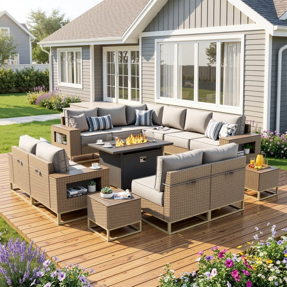 Muphyers 13 Piece Outdoor Patio Furniture Set, 43" 55000 BTU Aluminum Propane Gas Fire Pit Table, All-Weather Rattan Wicker Sectional Sofa, Wide Armrest Conversation Set for Deck Garden Yard,Brown